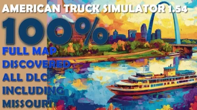 100% opened map in ATS 1.54 with all DLCs incl. Missouri v1.0