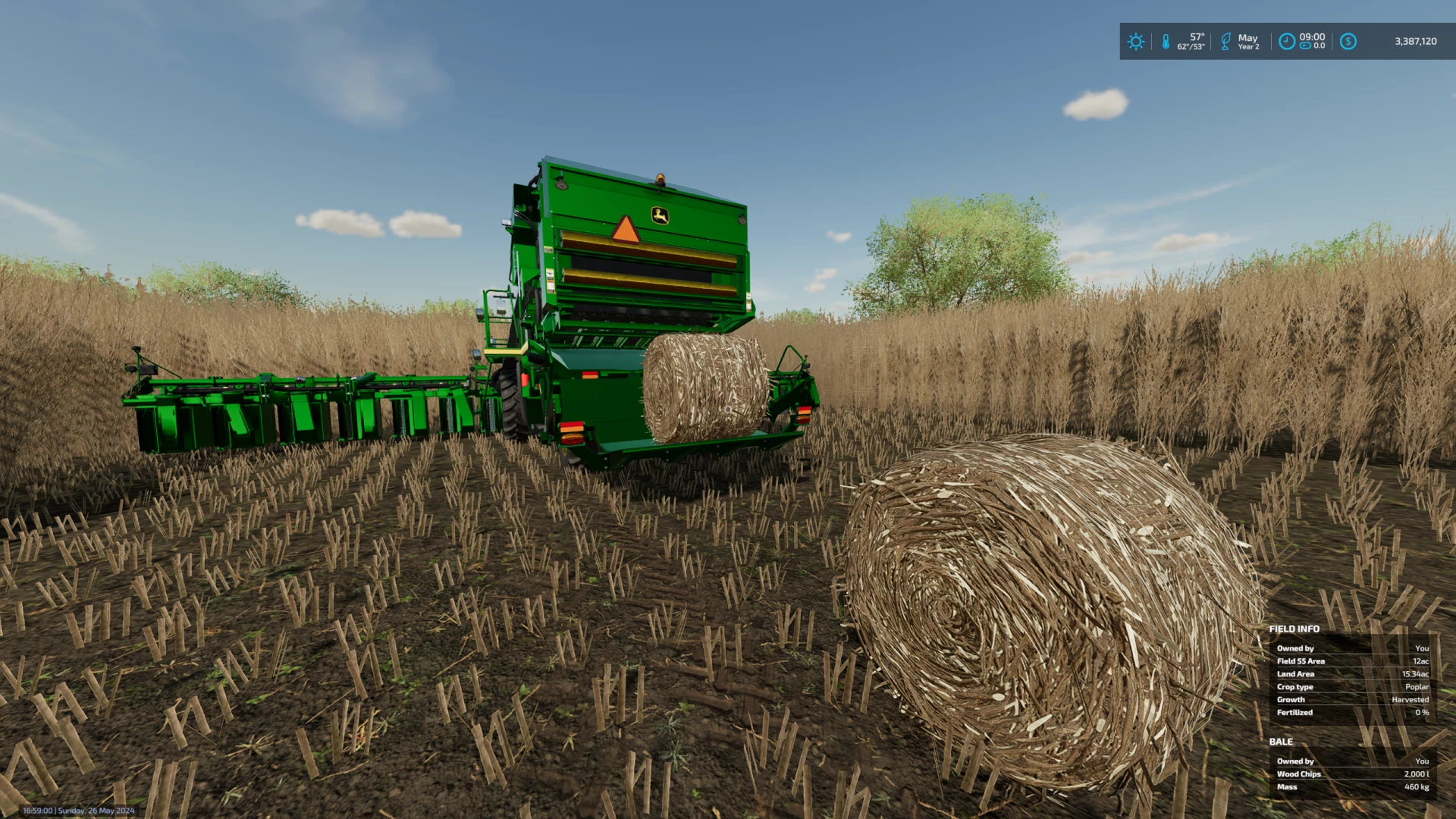 My JD CP690 and new twine wrapped Poplar bales