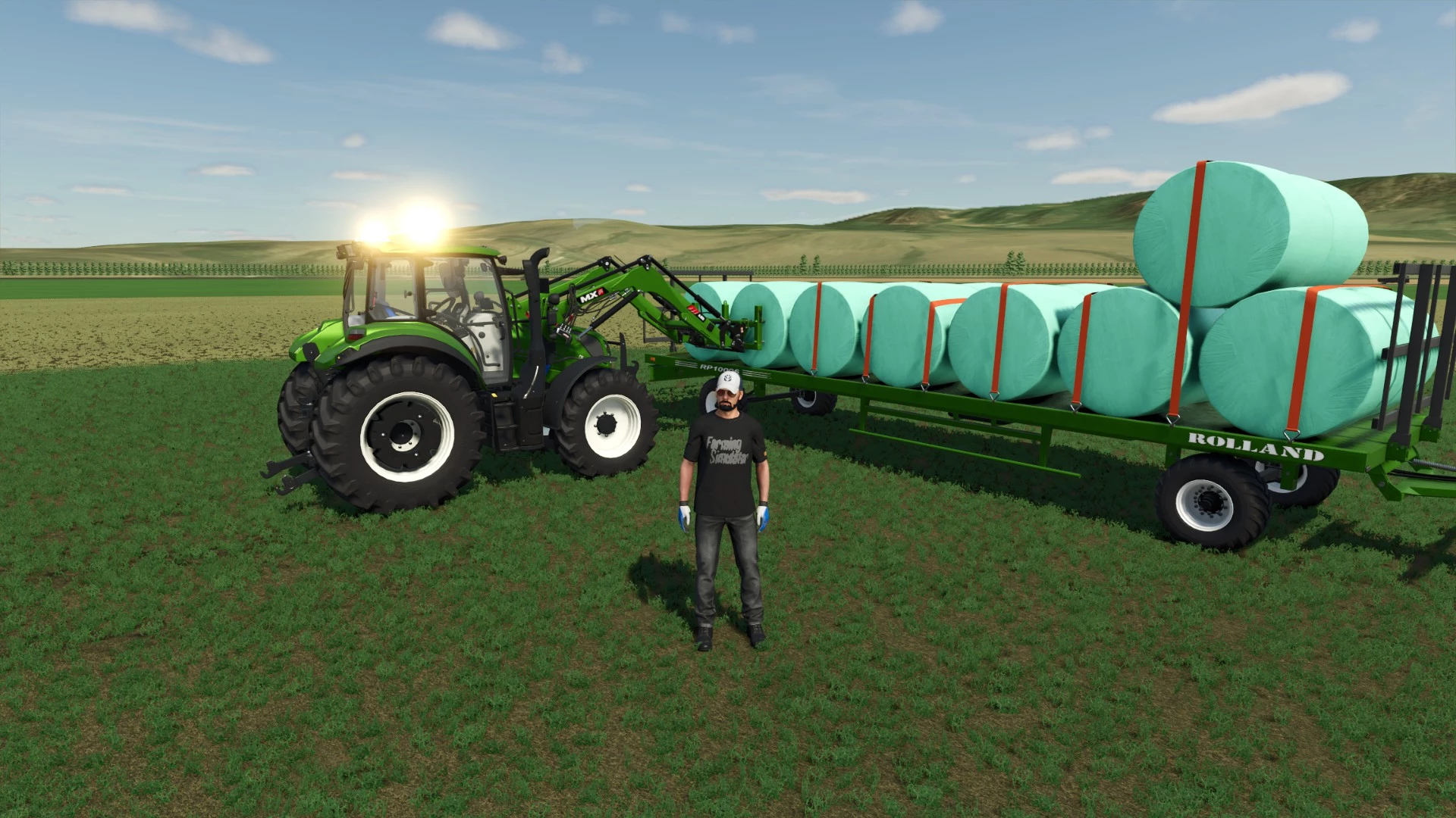 Chargement des enrubannées de luzerne New-holland T5 XTR.
